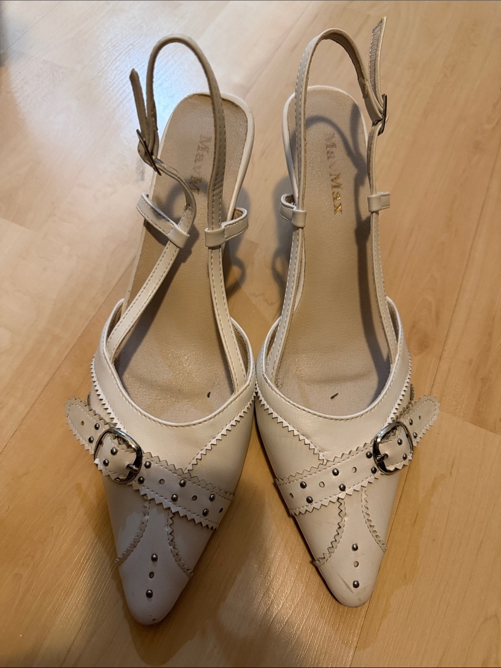Cream Pointed Toe Slingback Heels with Buckle Detail
